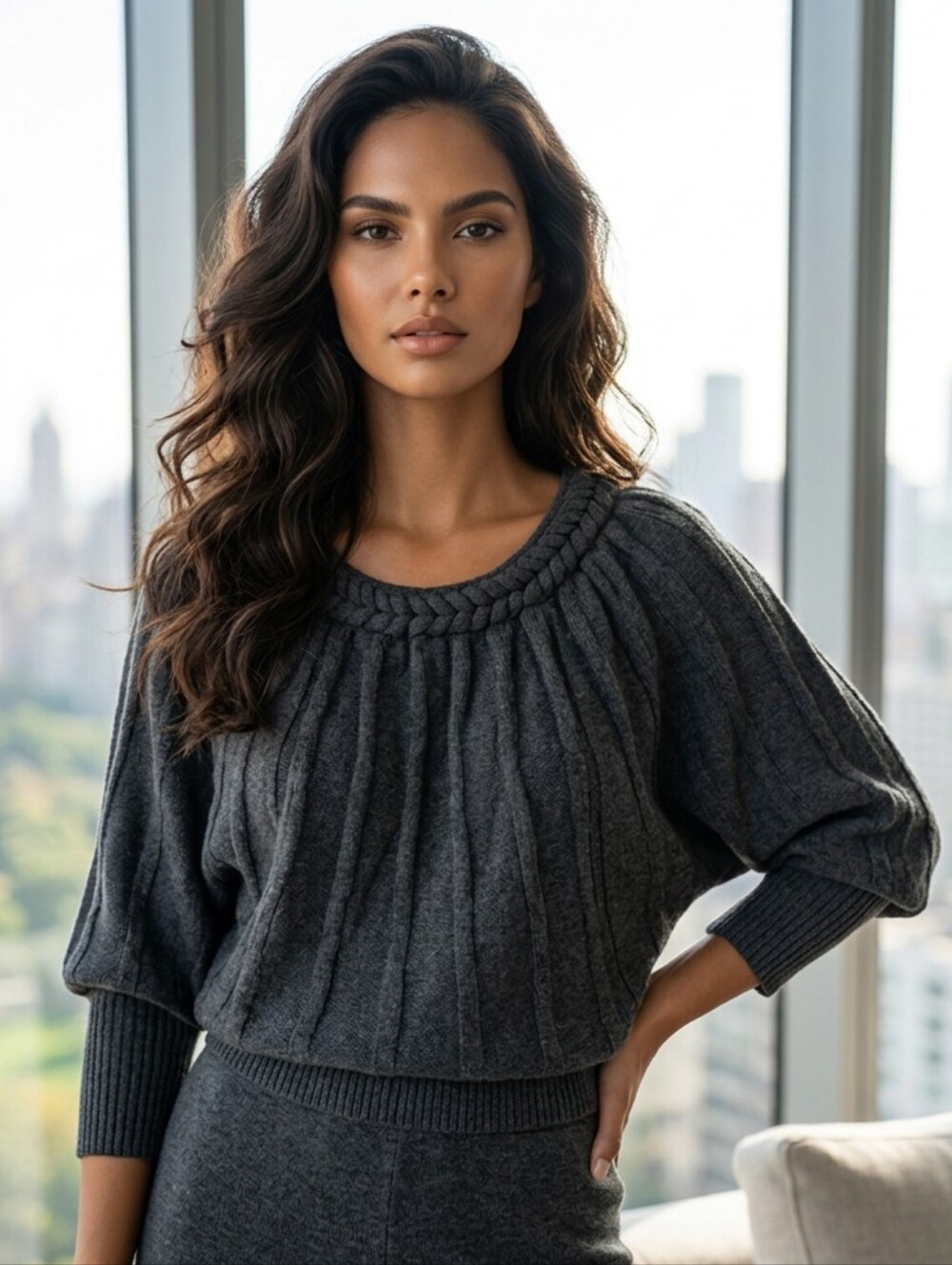 Love Stitch Cable Knit Sweater Braided Neck Puff Sleeves Charcoal Gray Ribbed